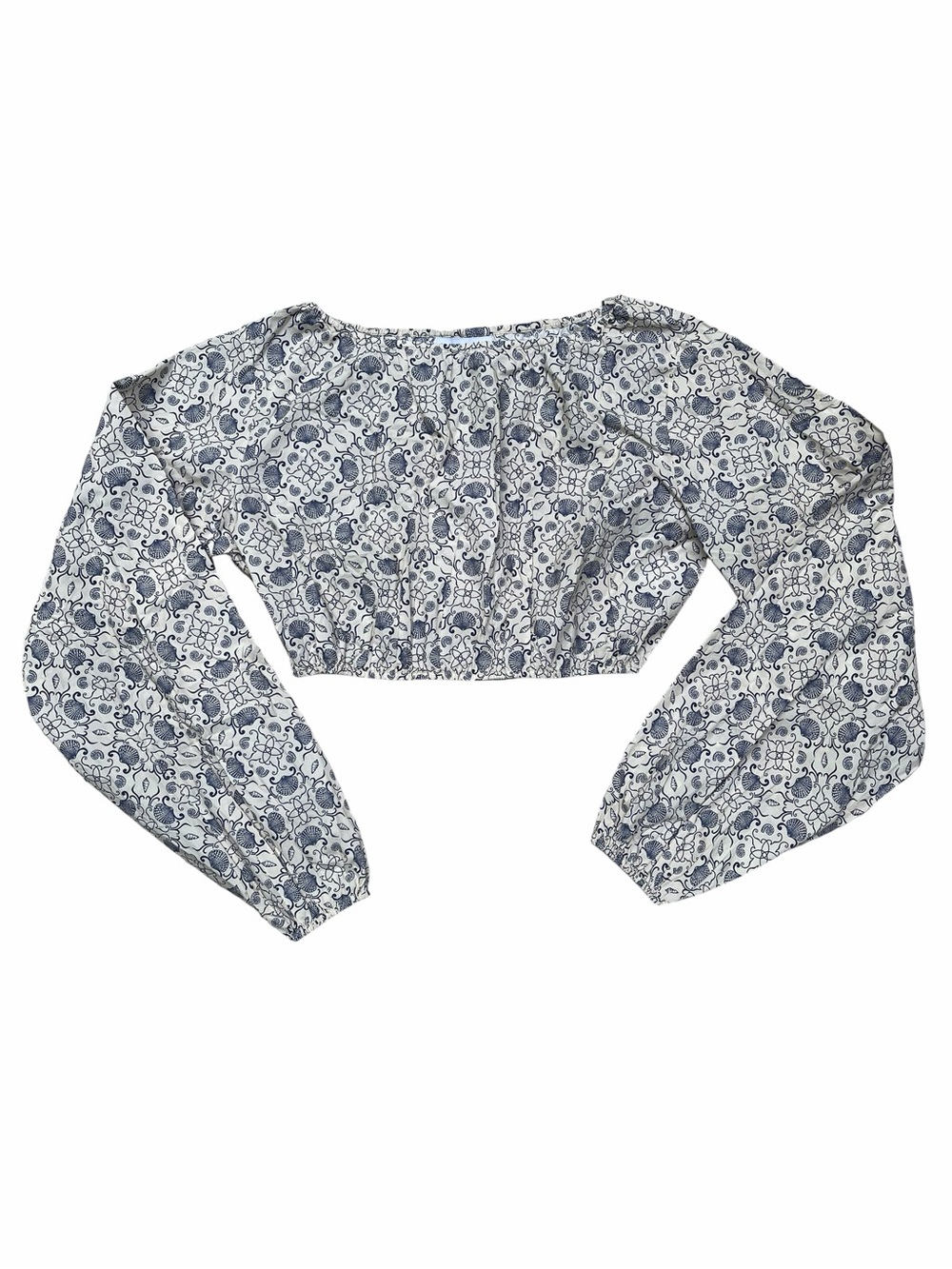 NWT WeWoreWhat Cream Navy Shell Print Cropped Bubble Top Small